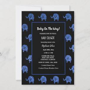 Black Glittery Blue Baby Dusche Elefantentiere Einladung