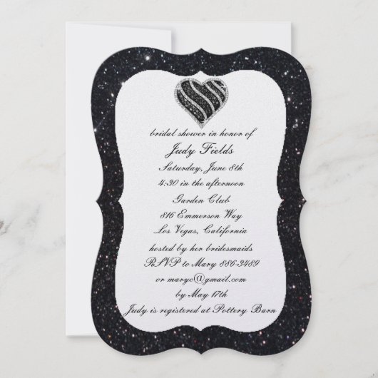 Black Glitzer Black Heart Bridal Dusche Einladung (Vorderseite)