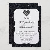 Black Glitzer Black Heart Bridesmaid Card Einladung (Vorne/Hinten)