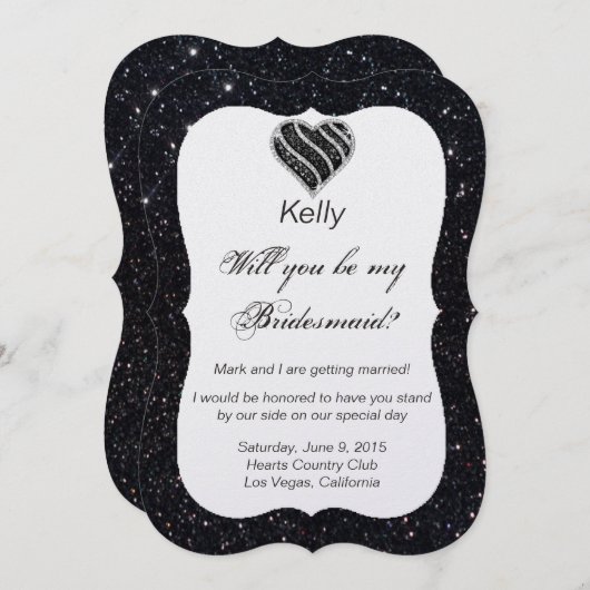 Black Glitzer Black Heart Bridesmaid Card Einladung (Vorne/Hinten)