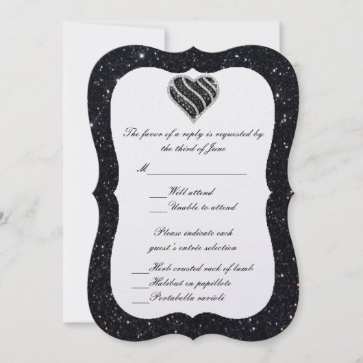 Black Glitzer Black Heart Response Card Einladung (Vorderseite)