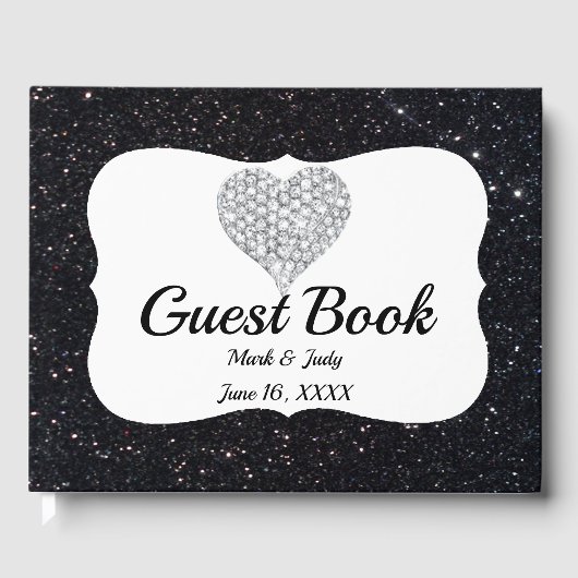 Black Glitzer Diamond Heart Guestbook Gästebuch (Vorderseite)