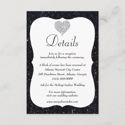 Black Glitzer Diamond Heart Wedding Details Begleitkarte (Vorderseite)