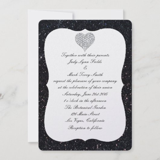Black Glitzer Diamond Heart Wedding Einladung (Vorderseite)