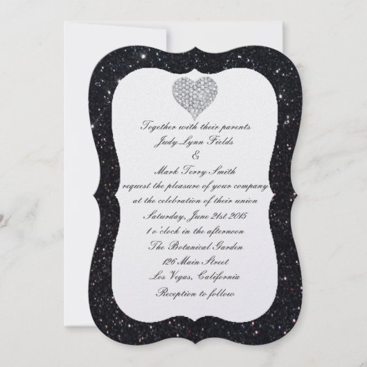 Black Glitzer Diamond Heart Wedding Einladung (Vorderseite)