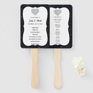 Black Glitzer Diamond Heart Wedding Program Fans Fächer