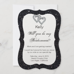 Black Glitzer Diamond Hearts Bridesmaid Card Einladung