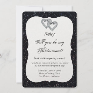 Black Glitzer Diamond Hearts Bridesmaid Card Einladung