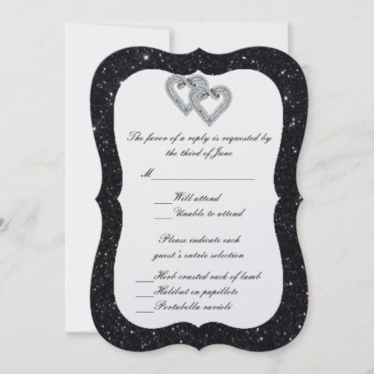 Black Glitzer Diamond Hearts Response Card Einladung (Vorderseite)