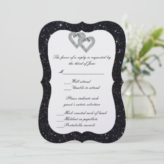 Black Glitzer Diamond Hearts Response Card Einladung (Stehend Vorderseite)