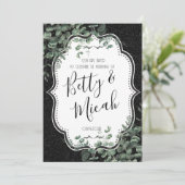 Black Glitzer & Eukalyptus Wedding Einladung (Stehend Vorderseite)