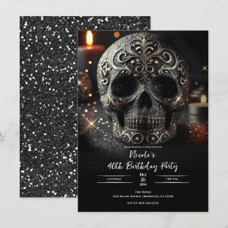 Black Glitzer Glam Sparkle Skull Gothday Einladung