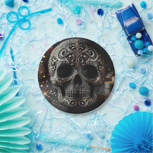 Black Glitzer Glam Sparkle Skull Gothic Pappteller (Party)