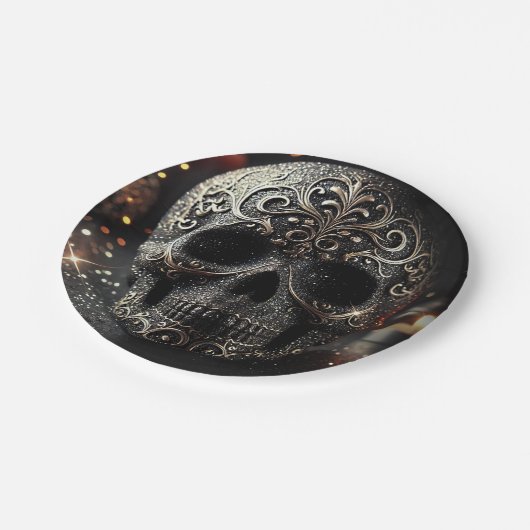 Black Glitzer Glam Sparkle Skull Gothic Pappteller (Schrägansicht)