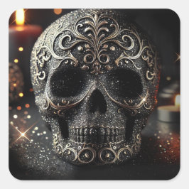 Black Glitzer Glam Sparkle Skull Gothic Quadratischer Aufkleber