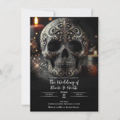 Black Glitzer Glam Sparkle Skull Gothic Wedding Einladung (Vorderseite)