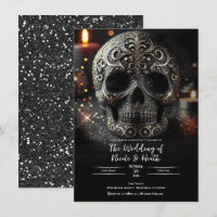 Black Glitzer Glam Sparkle Skull Gothic Wedding