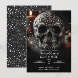 Black Glitzer Glam Sparkle Skull Gothic Wedding Einladung