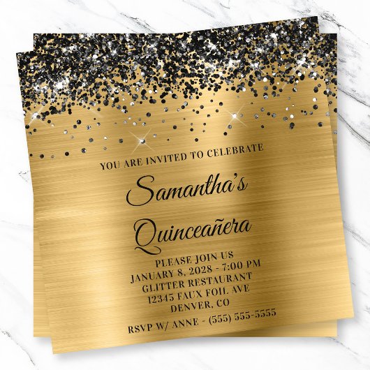 Black Glitzer Gold Metallic Look Quinceanera Einladung