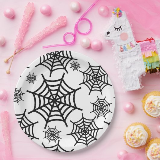Black Glitzer Spiderweb Halloween Pappteller (Party)