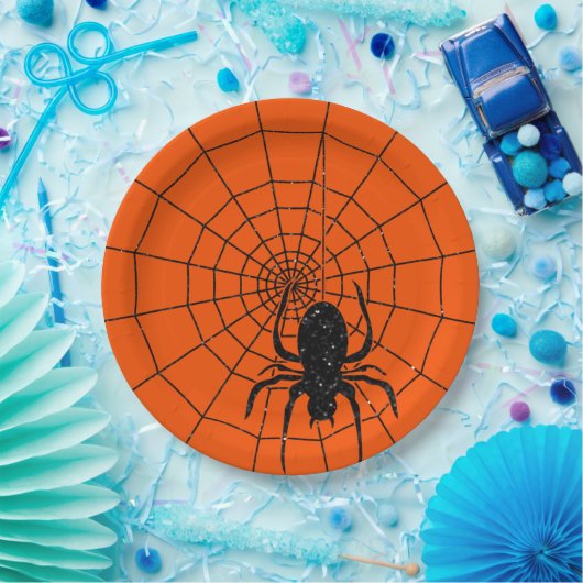 Black Glitzer Spiderweb Halloween Pappteller (Party)