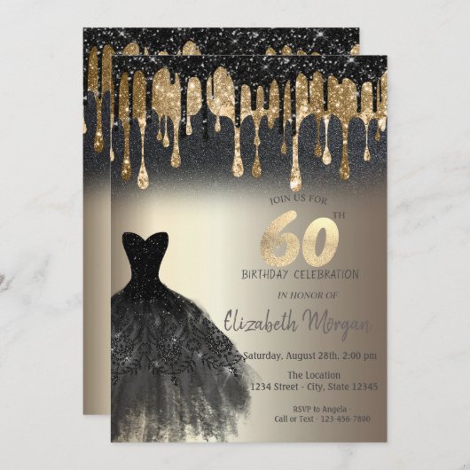 Black Glitzer Tropfen Black Dress Gold 60. Einladung (Vorne/Hinten)