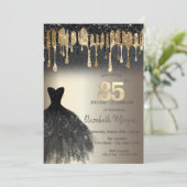 Black Glitzer Tropfen Black Dress Gold 85. Geburts Einladung (Stehend Vorderseite)