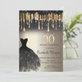 Black Glitzer Tropfen Black Dress Gold 90. Geburts Einladung (Stehend Vorderseite)