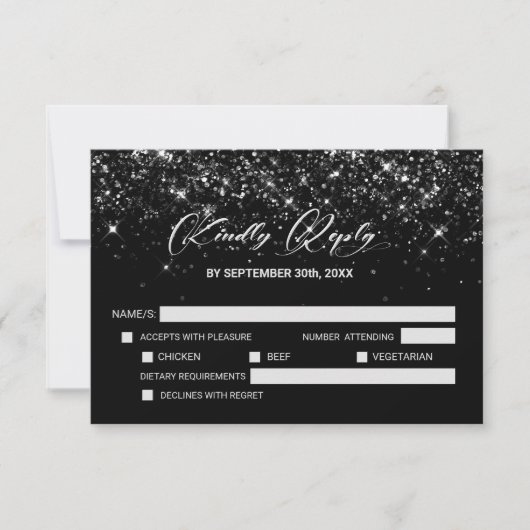 Black Glitzer Wedding RSVP Karte (Vorderseite)