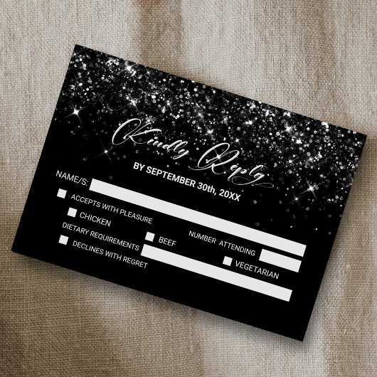 Black Glitzer Wedding RSVP Karte