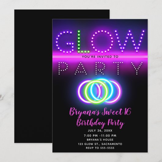 Black Glow Party Neon Lights Geburtstagsparty Einladung (Vorne/Hinten)