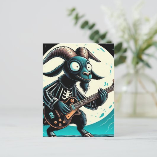 Black Goat Playing Gitarre Vollmond Postkarte (Stehend Vorderseite)