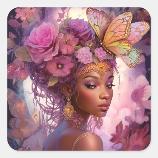 Black Goddess Pink Lila Fantasy Art Quadratischer Aufkleber (Vorderseite)