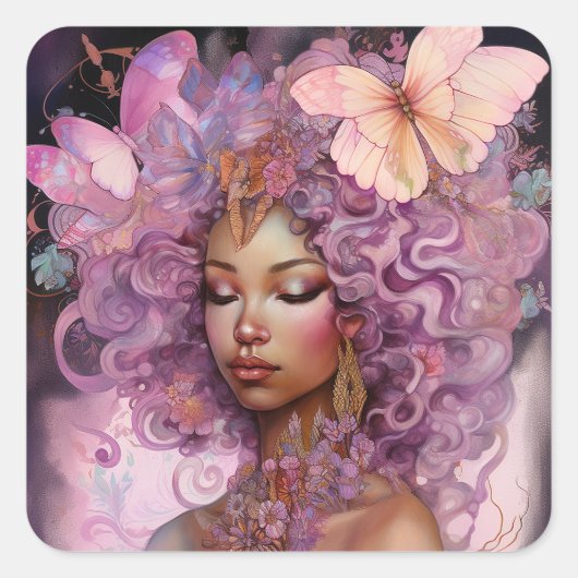 Black Goddess Pink Lila Fantasy Art Quadratischer Aufkleber (Vorderseite)