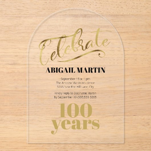 Black Gold 100. Geburtstag Clear Acrylic Arch Acryleinladungen (Vorderseite)