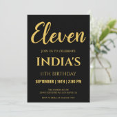 Black & Gold 11. Geburtstag Einladung (Stehend Vorderseite)