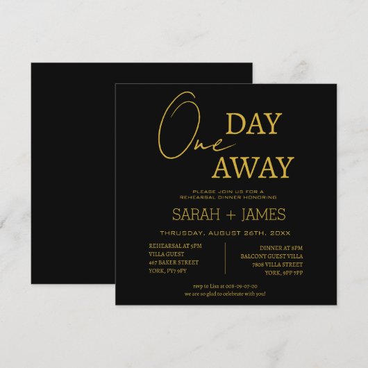 Black & Gold 1 Day Away Probe Dinner Hochzeit Einladung (Vorne/Hinten)