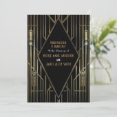 Black & Gold 20's Art Deco Gatsby Glam Wedding Einladung (Stehend Vorderseite)