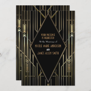 Black & Gold 20's Art Deco Gatsby Glam Wedding Einladung