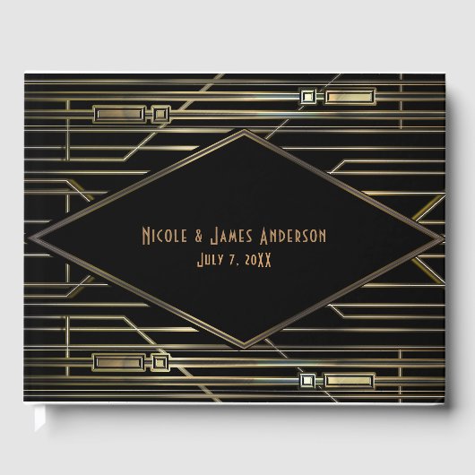 Black & Gold 20's Art Deco Gatsby Glam Wedding Gästebuch (Vorderseite)