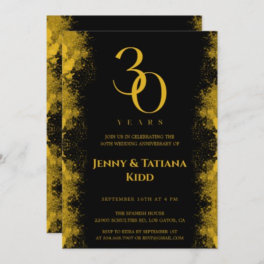 Black & Gold 30. Hochzeitstag Einladung (Vorne/Hinten)