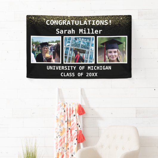 Black & Gold 3 Foto Abschluss Class 2025 Banner (Insitu)
