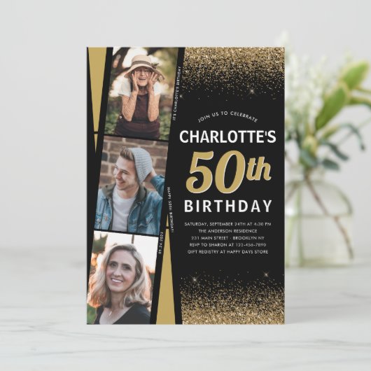 Black Gold 3 Foto Film Glitzer jedes Alter Geburts Einladung (Stehend Vorderseite)
