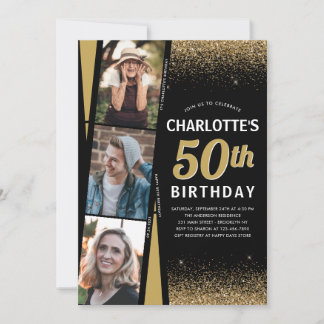 Black Gold 3 Foto Film Glitzer jedes Alter Geburts Einladung