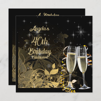 Black & Gold 40. Geburtstag Party Champagne Brille Einladung