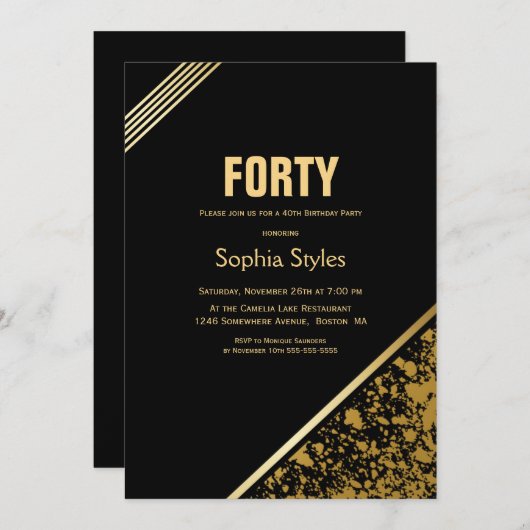 Black Gold 40. Geburtstag Party Einladung (Vorne/Hinten)