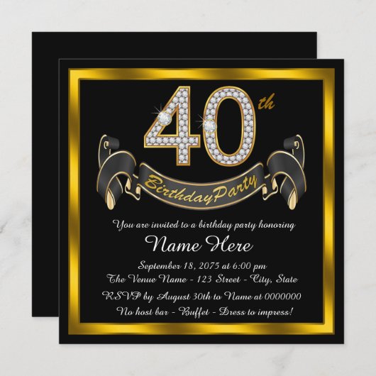 Black Gold 40. Geburtstag Party Einladung (Vorne/Hinten)