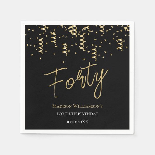 Black & Gold 40 Minimal 40. Geburtstag Party Serviette (Vorderseite)