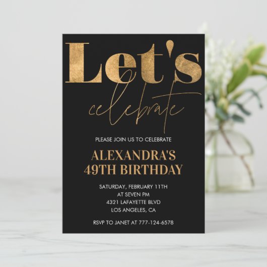 Black Gold 49. Geburtstag Einladungen Elegant (Stehend Vorderseite)