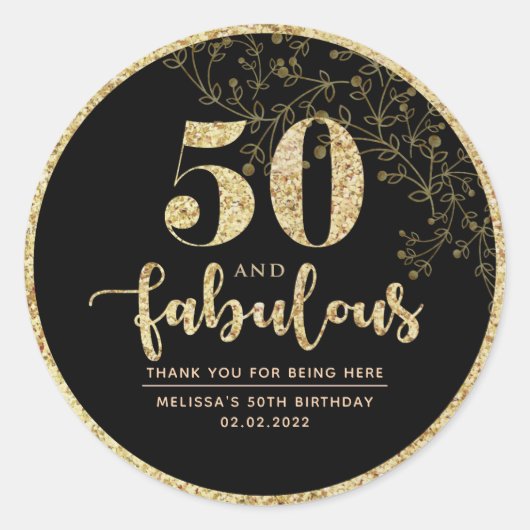 Black & Gold 50. Geburtstagsparty Gunst Sticker (Vorderseite)
